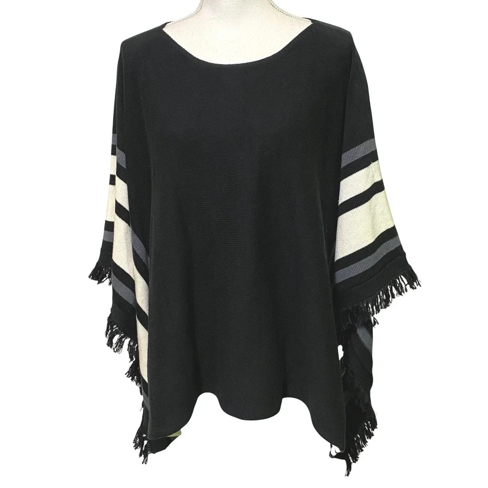 Vtg 90s Y2K Womens Striped Fringe Poncho Boho Chic‎ Equestrian Western Coastal